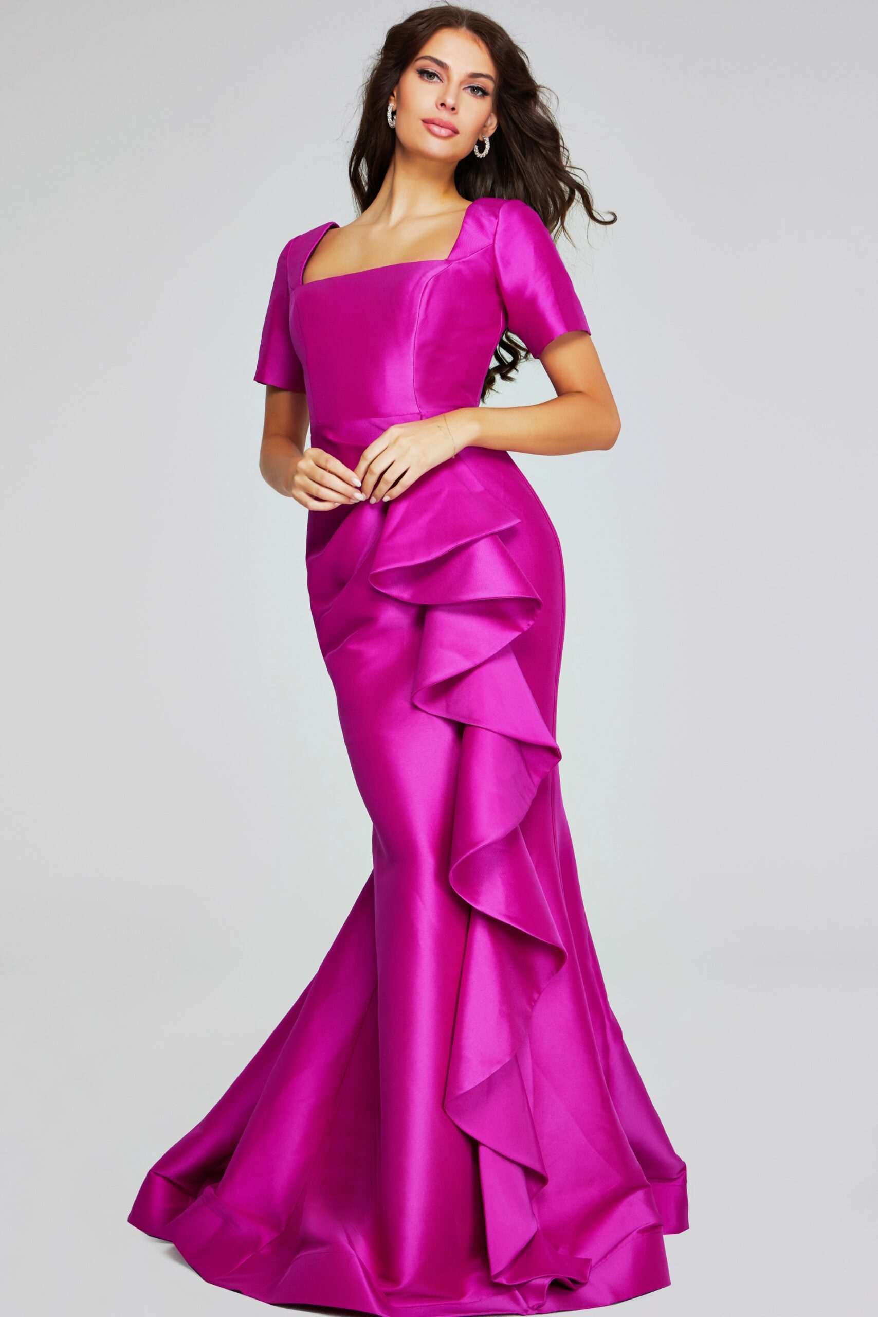 Vibrant Orchid Gown with Square Neckline and Ruffle Detail 41128