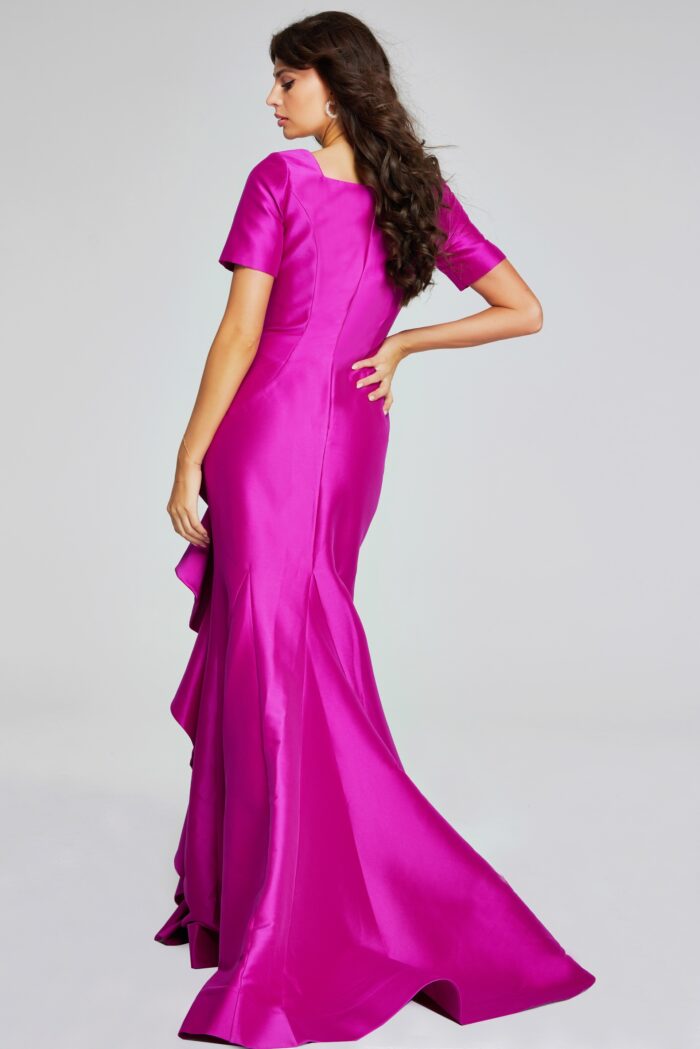 Model wearing Vibrant Orchid Gown with Square Neckline and Ruffle Detail 41128