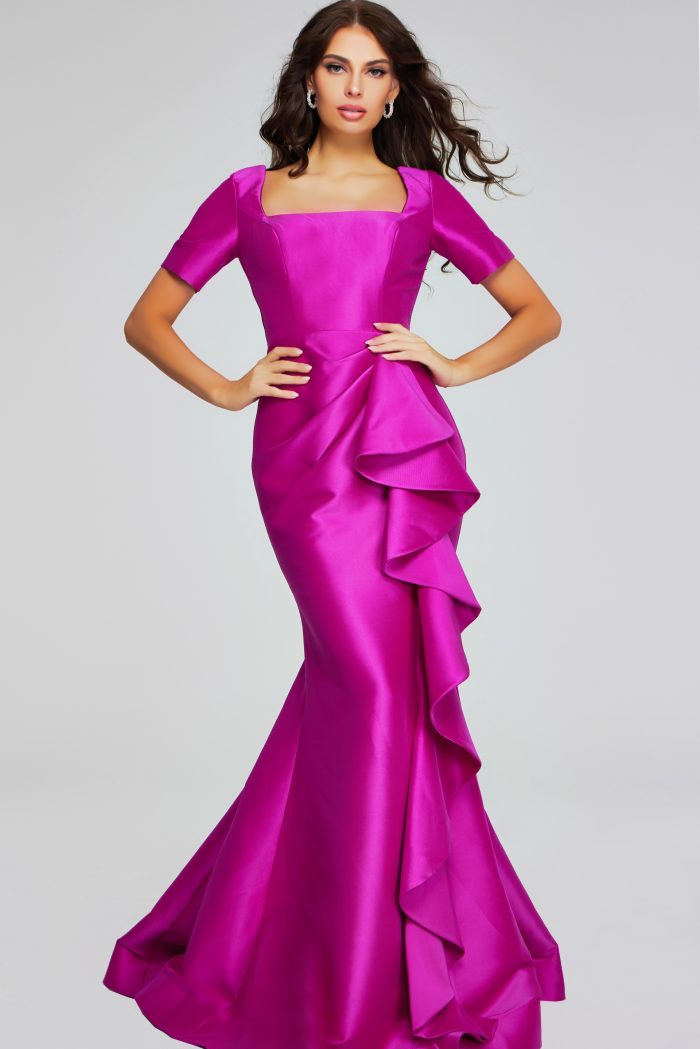 Vibrant Orchid Gown with Square Neckline and Ruffle Detail 41128