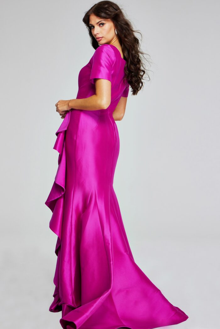 Model wearing Vibrant Orchid Gown with Square Neckline and Ruffle Detail 41128