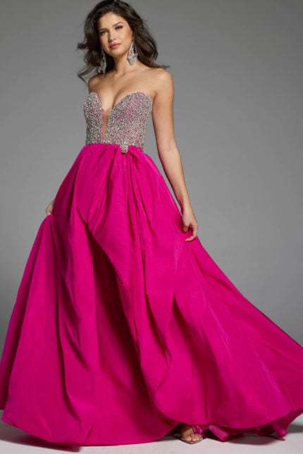 Full-length strapless gown with shimmering crystal detailing and bold ruffle accents