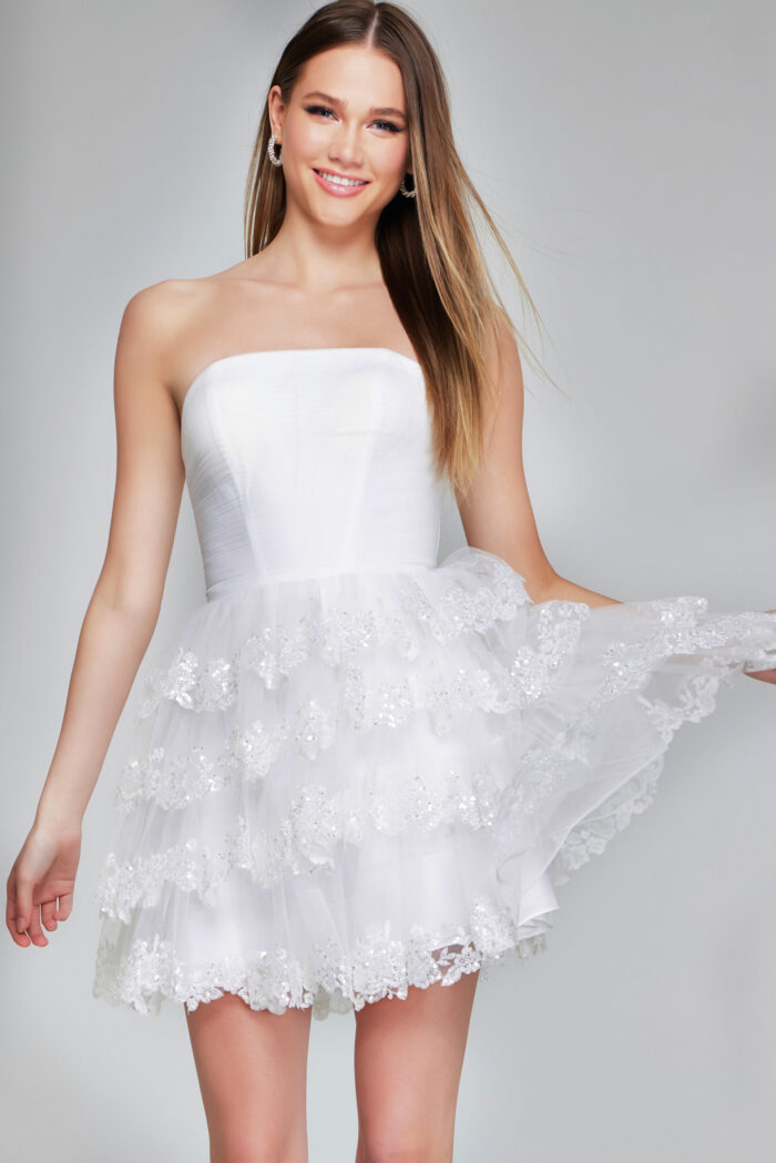 Model wearing Enchanting Off-White Strapless Tulle Mini Dress 41150