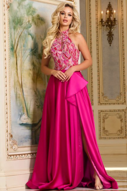 Model wearing Jovani 41186 elegant fuchsia gown with high slit, full-length front view