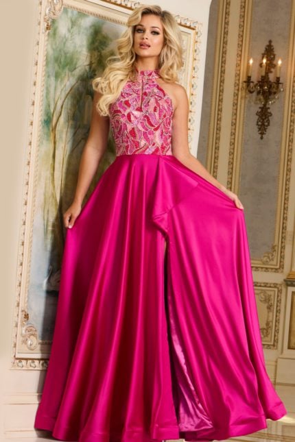 Model wearing Jovani 41186 fuchsia dress with embellished bodice, front view