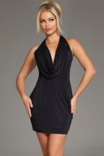 Model wearing Jovani 41197 black dress with halter neckline and cowl drape.