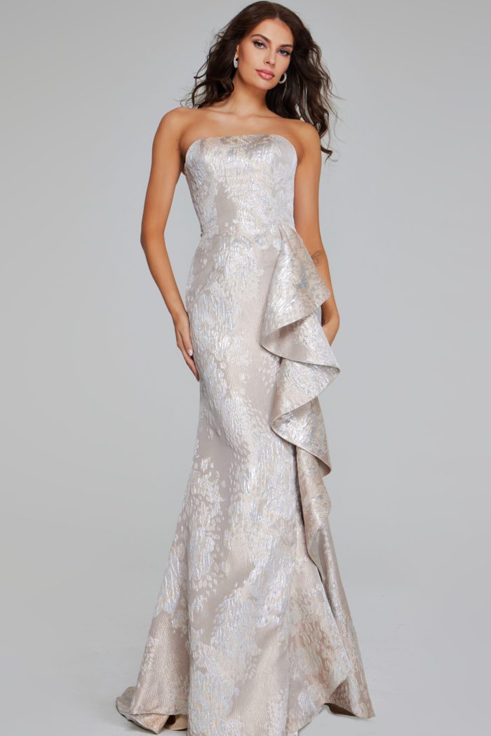 model wearing Jovani 42028 champagne beige gown full length