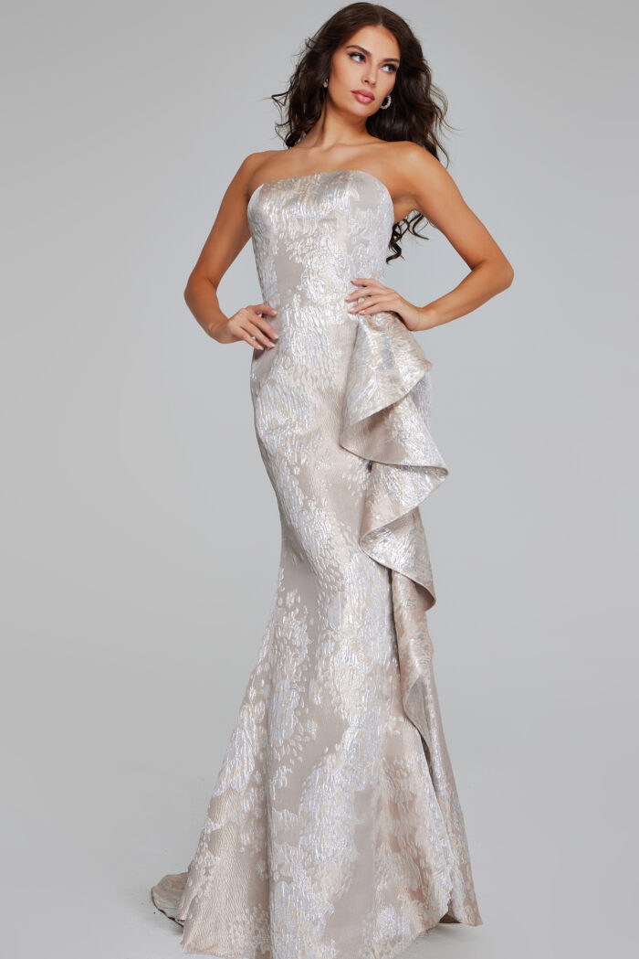 Model wearing Gunmetal and Gold Strapless Gown with Cascading Ruffle 42028