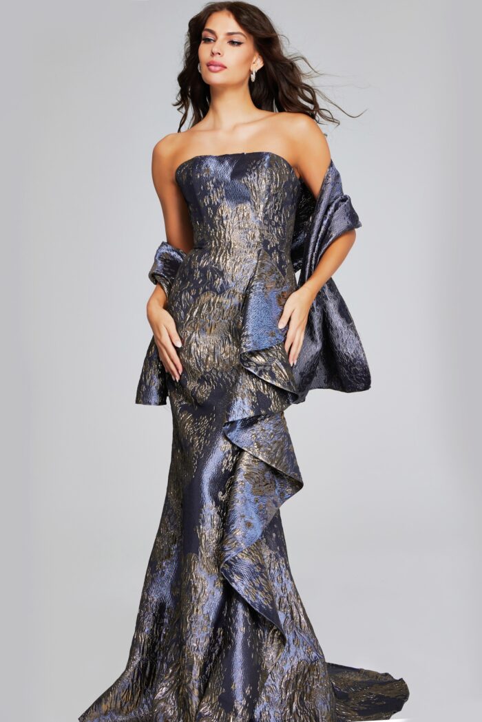 Model wearing Gunmetal and Gold Strapless Gown with Cascading Ruffle 42028