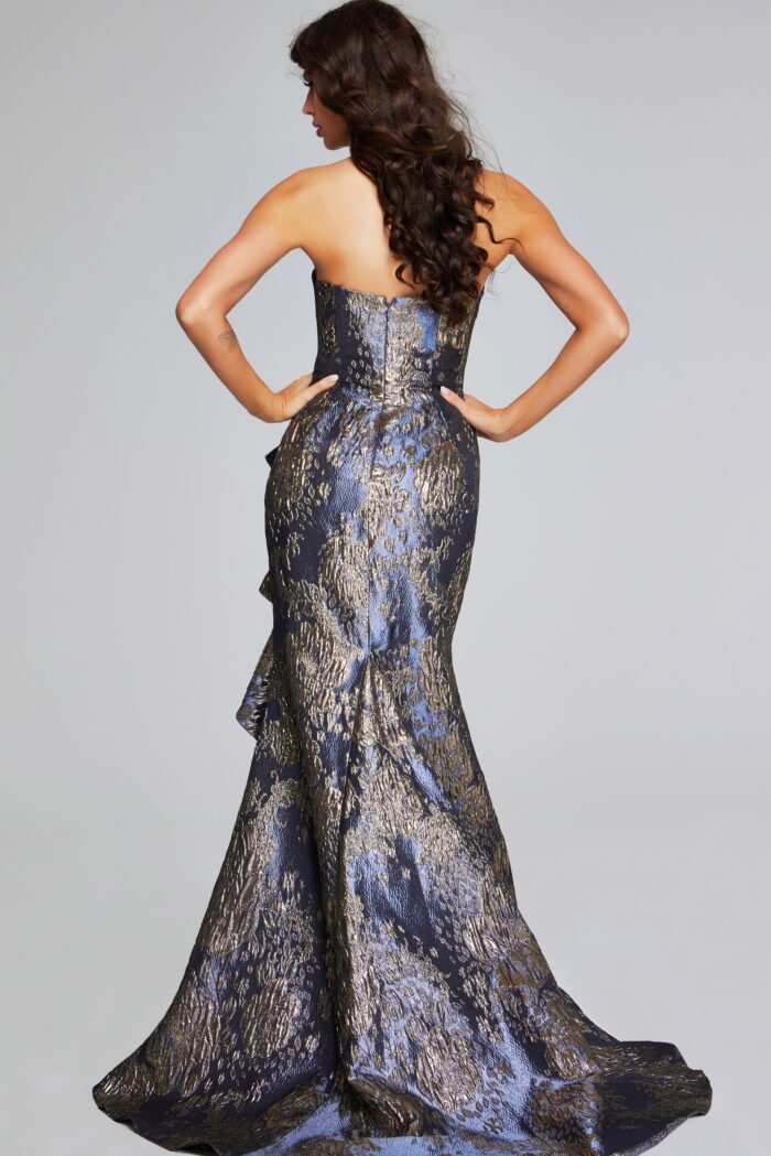 Model wearing Gunmetal and Gold Strapless Gown with Cascading Ruffle 42028