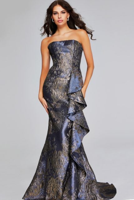 model wearing Jovani 42028 gunmetal gray gown front view