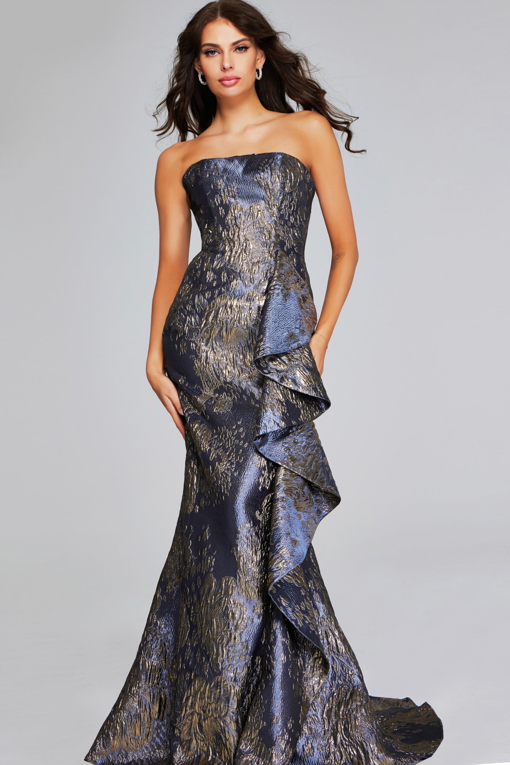 Gunmetal and Gold Strapless Gown with Cascading Ruffle 42028