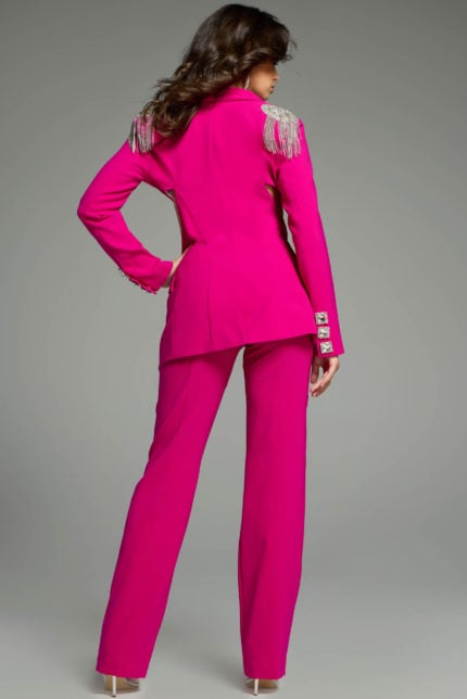 Elegant fuchsia suit showcasing a modern cropped blazer with structured accents