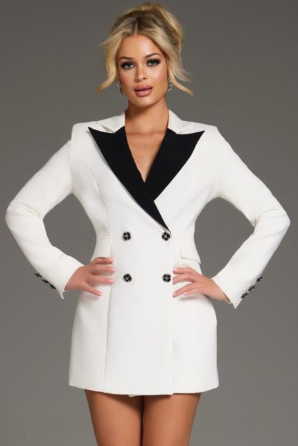 Model wearing Jovani 42124 white mini dress with black lapel, full front view.