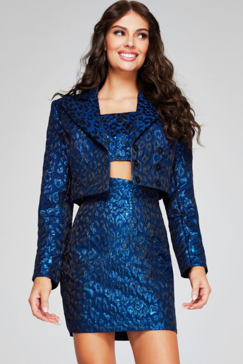 Model wearing Stylish Navy Brocade Two-Piece Mini Dress 42134