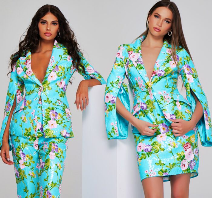 Model wearing Vibrant Floral Print Bell Sleeve Pant Suit 42146