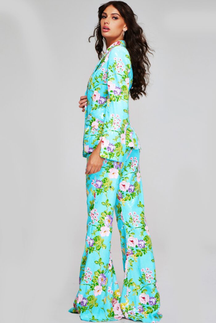 Model wearing Vibrant Floral Print Bell Sleeve Pant Suit 42146