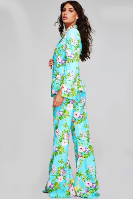 back view of Jovani 42146 multi-colored floral print jacket and pants.