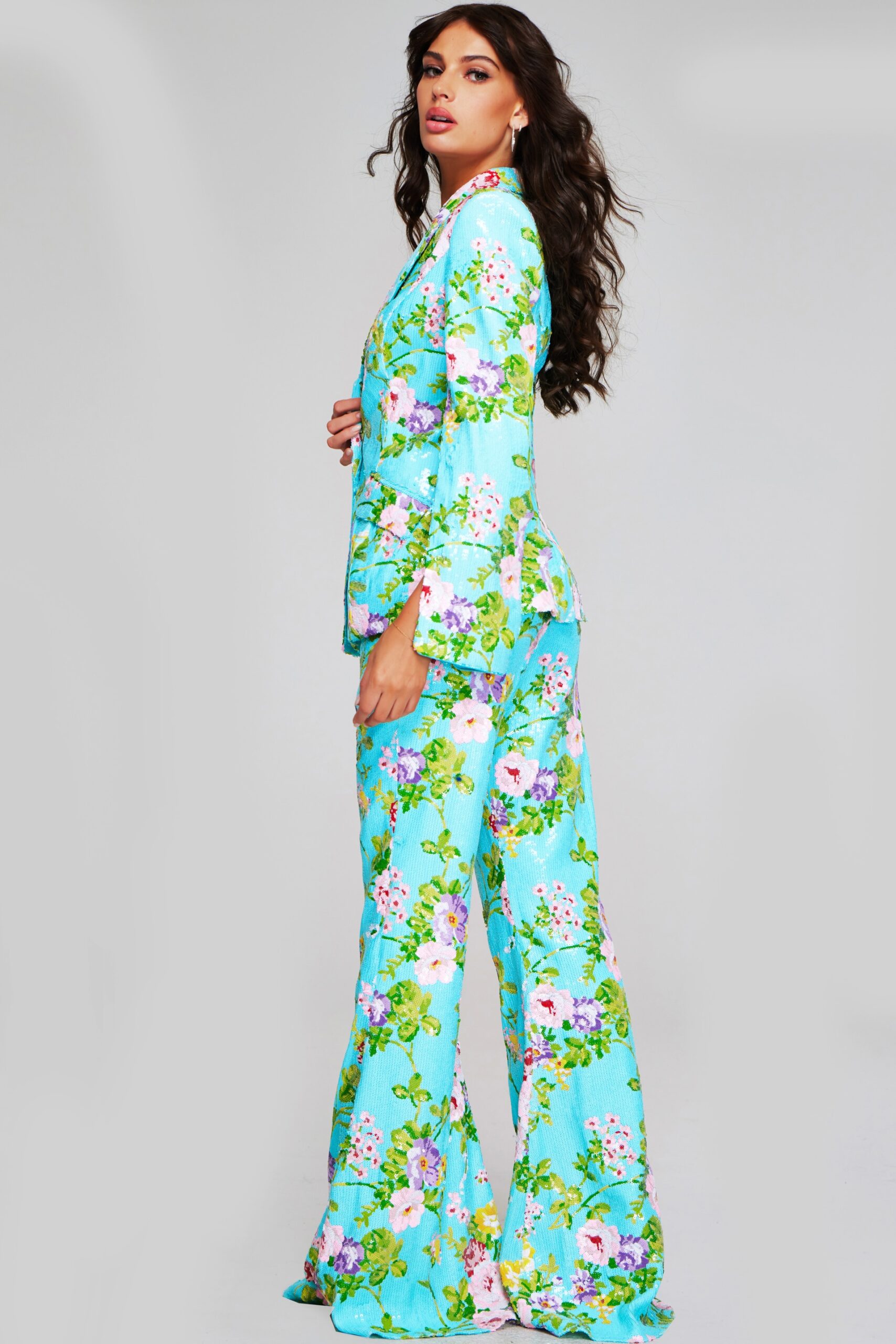 Vibrant Floral Print Bell Sleeve Pant Suit 42146