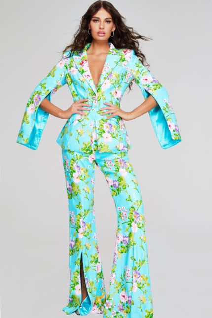 model wearing Jovani 42146 multi-colored floral print jacket and pants with bell sleeves.