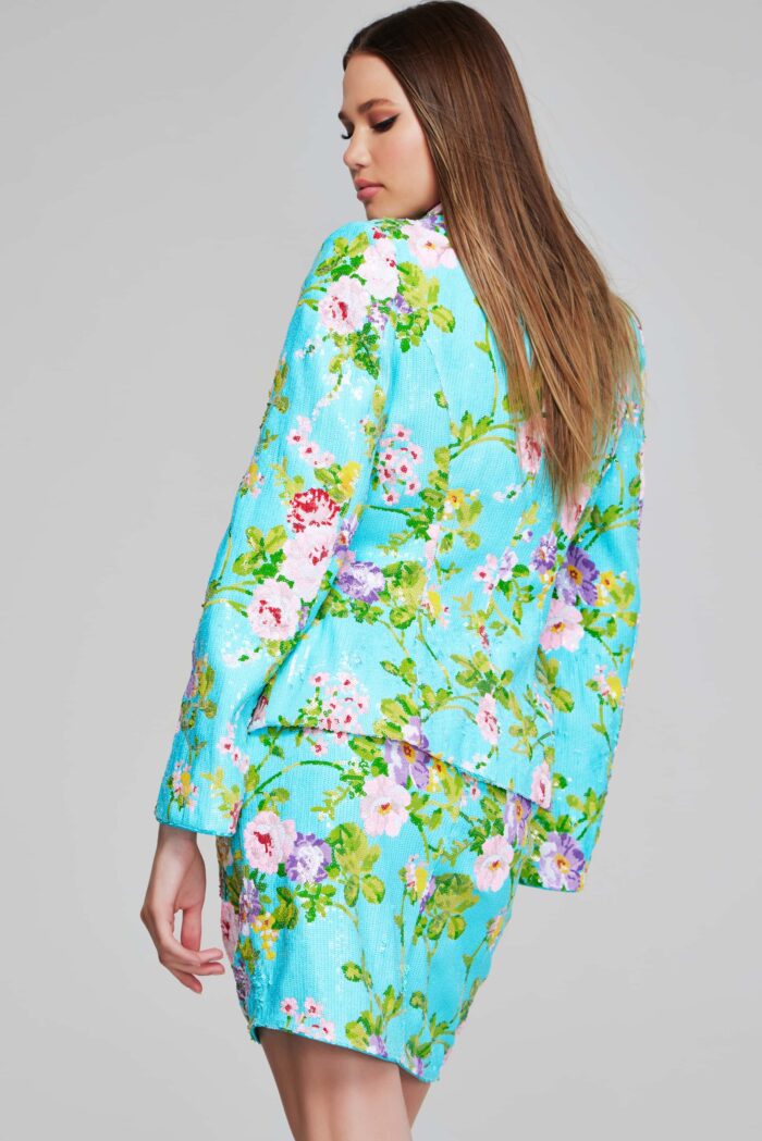 Model wearing Bold Floral Print Bell Sleeve Blazer Dress 42147