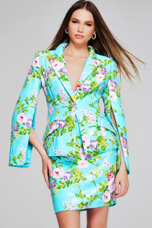 Model wearing Bold Floral Print Bell Sleeve Blazer Dress 42147