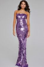 Model wearing Jovani 42154 lilac sequin gown front view hand on hip