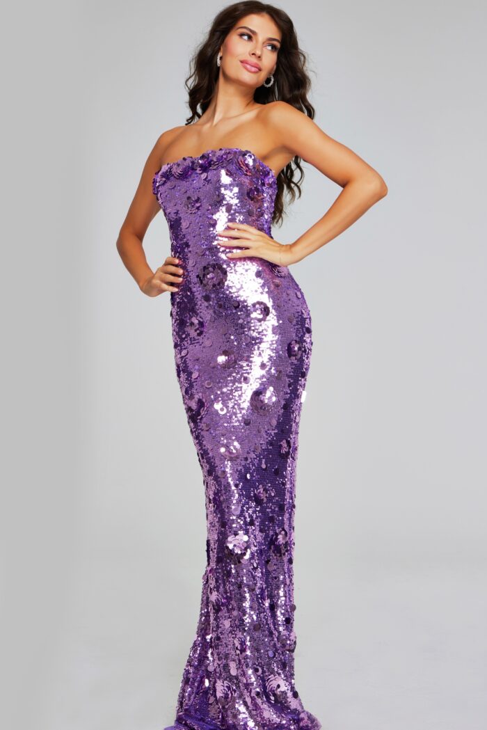 Model wearing Dazzling Lilac Sequin Strapless Gown with Floral Accents 42154