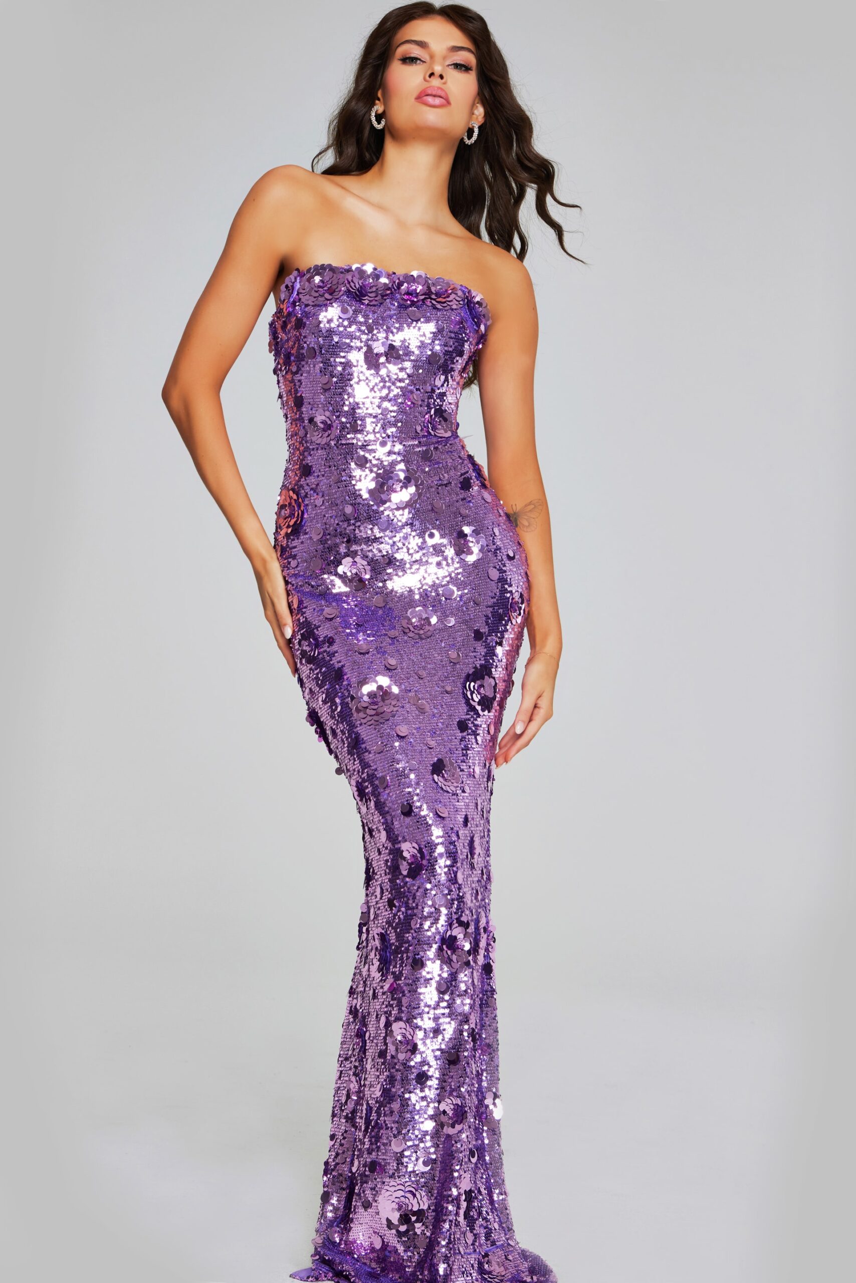 Model wearing Dazzling Lilac Sequin Strapless Gown with Floral Accents 42154