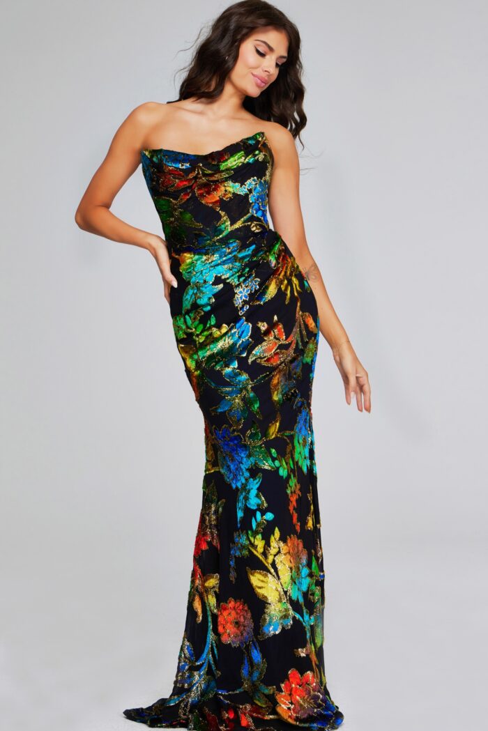 Model wearing Elegant Multi-Color Strapless Gown with Vibrant Floral Pattern 42164