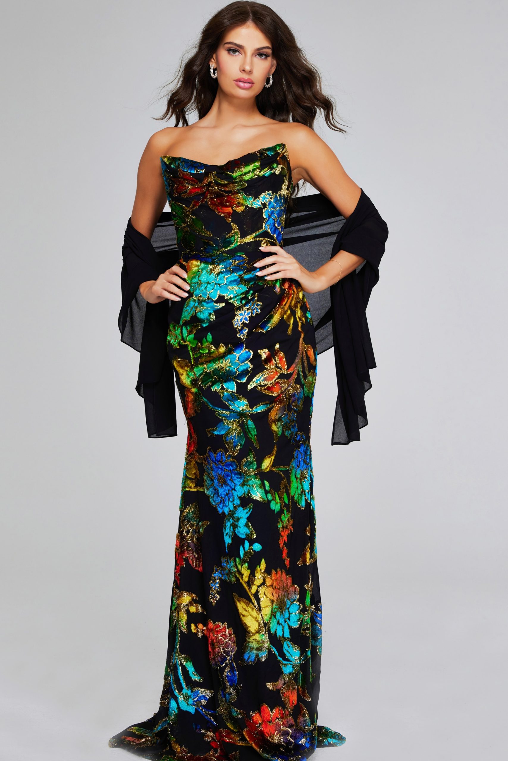 Elegant Multi-Color Strapless Gown with Vibrant Floral Pattern 42164