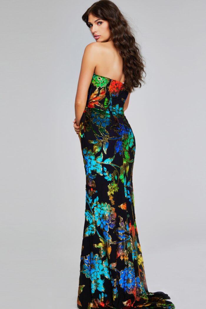 Model wearing Elegant Multi-Color Strapless Gown with Vibrant Floral Pattern 42164