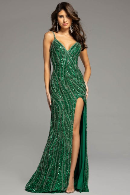 v neck green high slit dress 42176