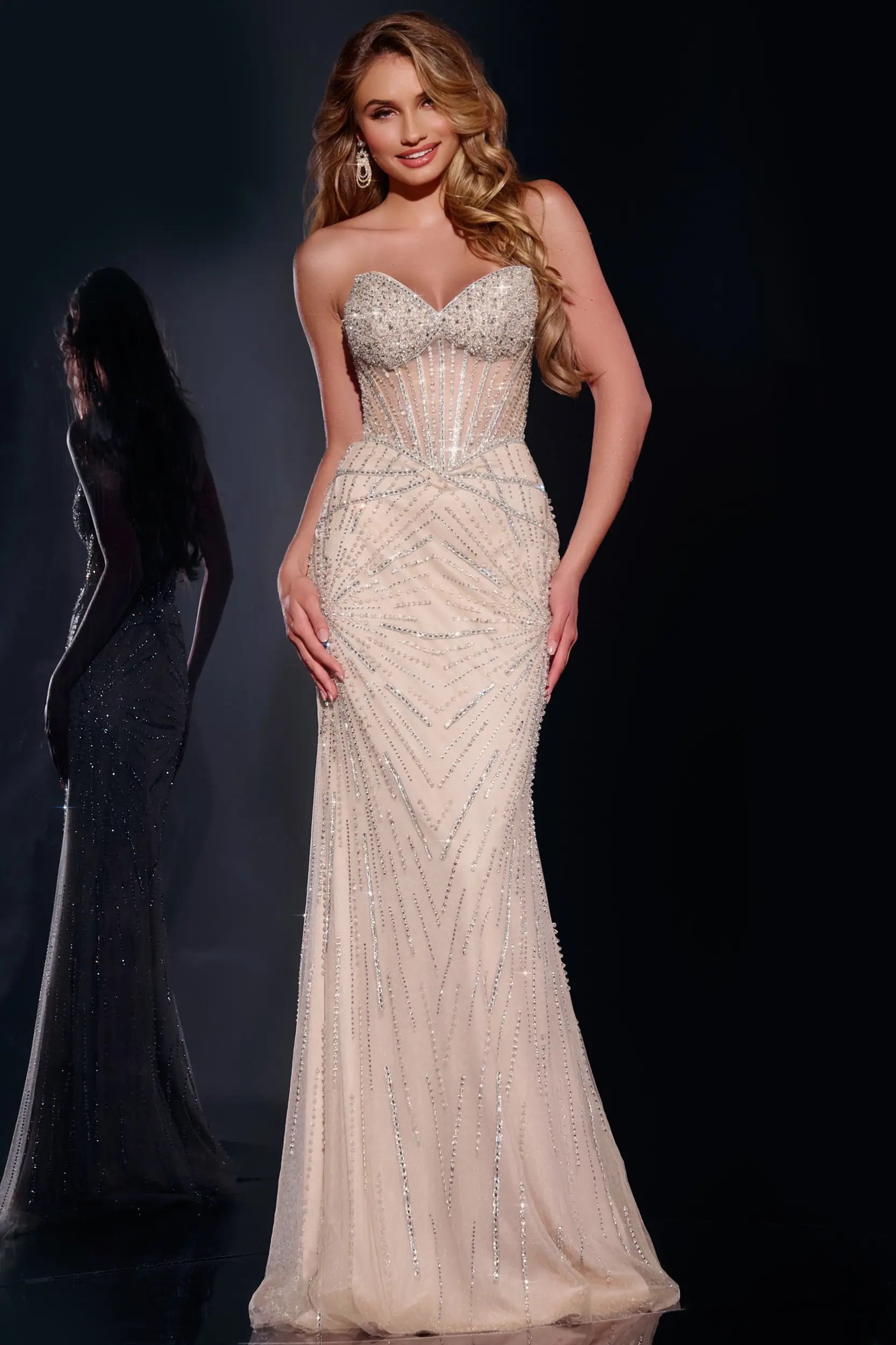 Strapless Beaded Gown with Sheer Corset Top 42206