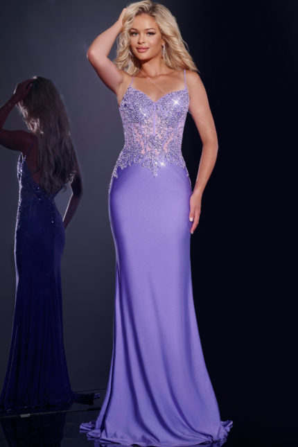 Model wearing Jovani 42221 purple gown with lace bodice and sweetheart neckline