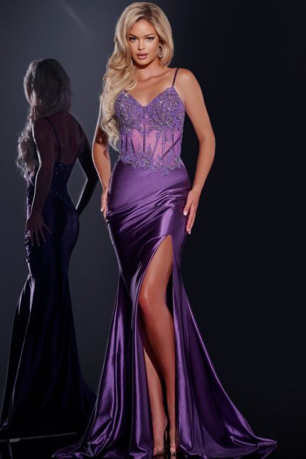 model wearing Jovani 42259 purple gown with sweetheart neckline and high slit