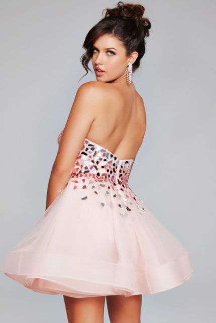 Back view of Jovani 42282 pink dress showing one-shoulder design.