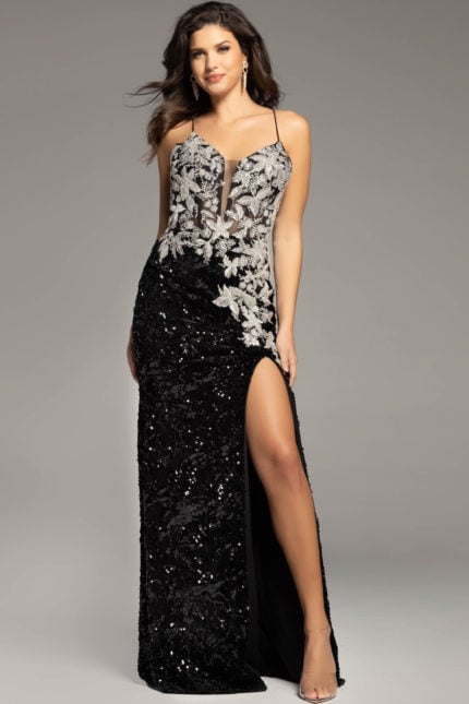 high slit black and white v neck prom dress 42301