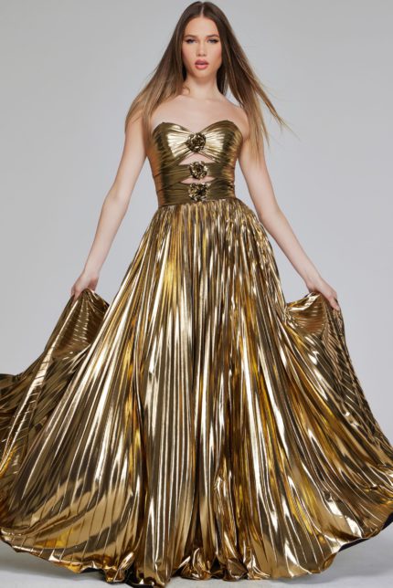 Model wearing Jovani 42335 gold gown with sweetheart neckline and floral accents, front view.