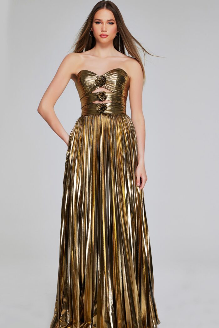 Model wearing Glamorous Gold Strapless Gown with Floral Accents and Cutout Detail 42335