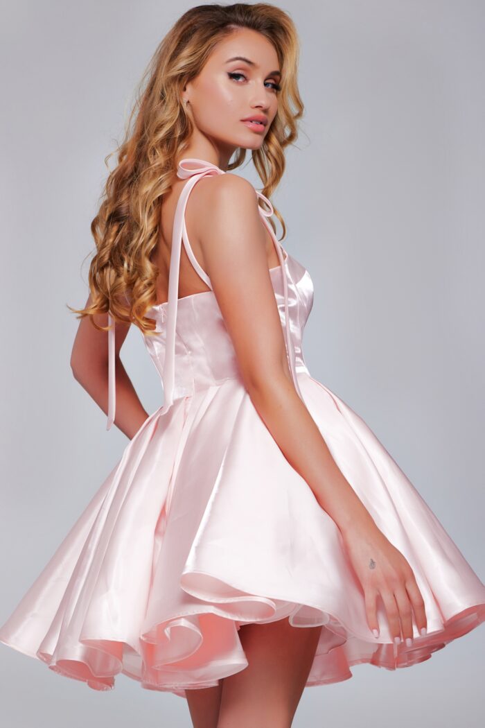 Model wearing Pink V Neckline Fit and Flare Dress 42342