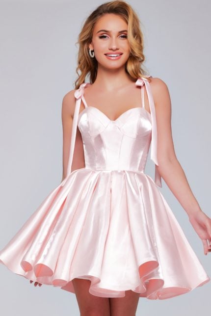 Model wearing Jovani 42342 blush dress, front view