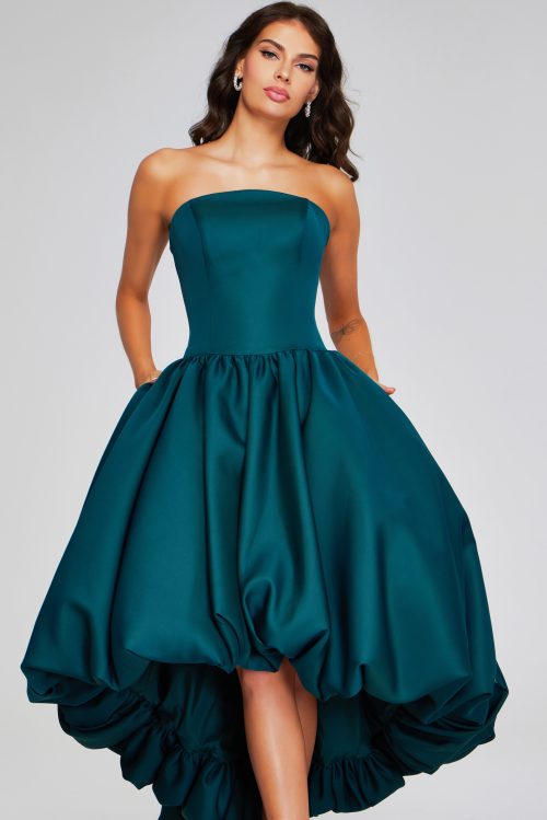 Elegant Dark Green Strapless High-Low Ball Gown 42345