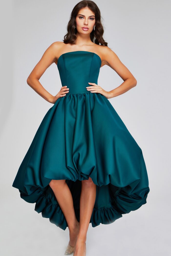 Model wearing Elegant Dark Green Strapless High-Low Ball Gown 42345