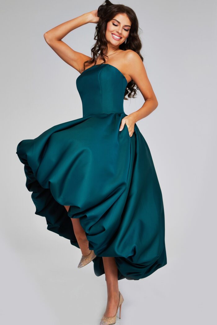 Model wearing Elegant Dark Green Strapless High-Low Ball Gown 42345