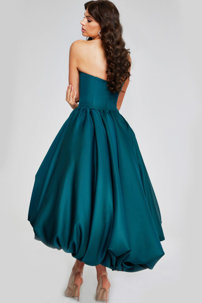 Model wearing Elegant Dark Green Strapless High-Low Ball Gown 42345