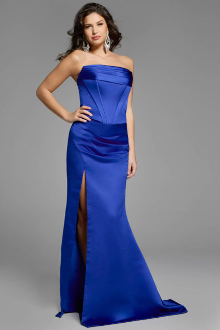 Strapless evening gown with corset bodice and front slit 42355