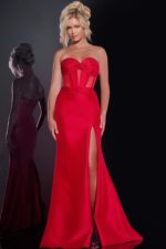 Model wearing Jovani 42375 red gown with sweetheart neckline and high slit.