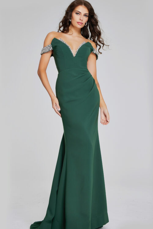 Model wearing Elegant Off-Shoulder Hunter Green Gown 42394