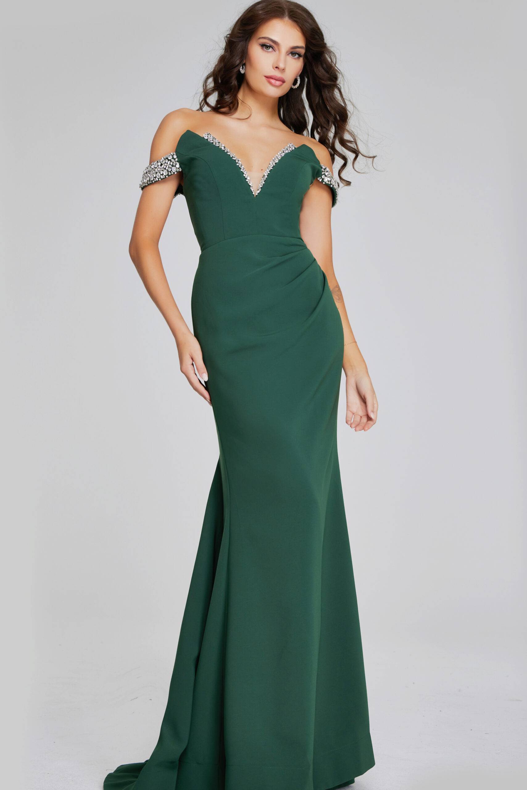 Elegant Off-Shoulder Hunter Green Gown 42394