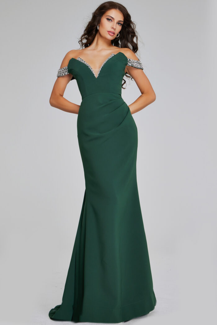 Model wearing Elegant Off-Shoulder Hunter Green Gown 42394